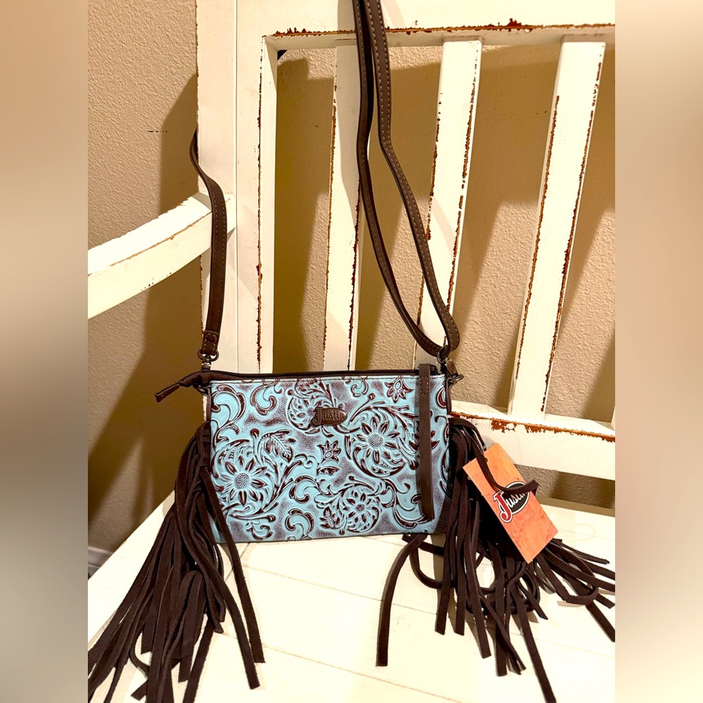 Justin Western Crossbody Bag Turquoise Brown Floral Tooled Fringe NWT